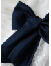 Ivory Lace Big Navy Blue Bow Knee Length Flower Girl Dress